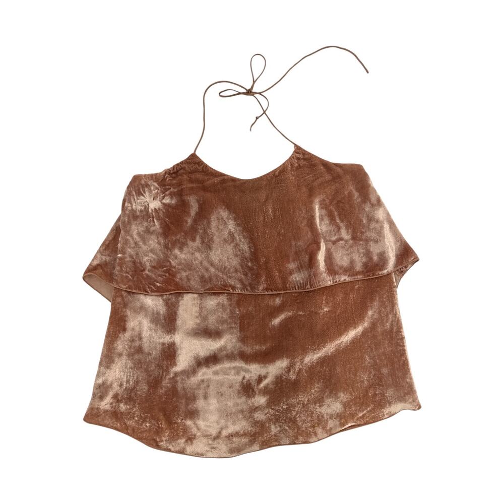 Alice + Olivia Velvet Silk Halter Crop Top Bronze Tiered Ruffle XS - Picture 2 of 8